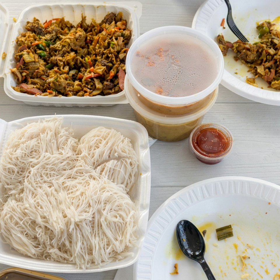 Takeout spread featuring rice noodles, seasoned stir-fried vegetables, curry containers, dipping sauce, and partially eaten plates on a white table.