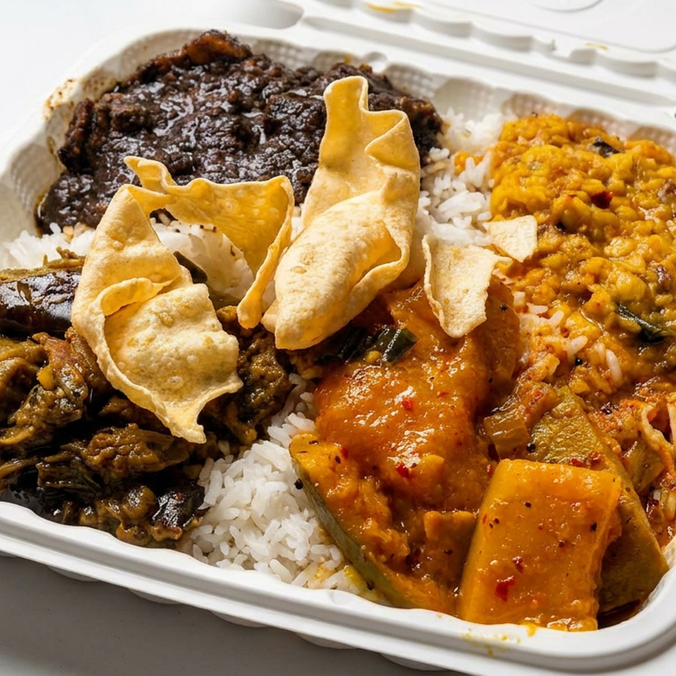 Takeout container filled with white rice, assorted curries, lentils, vegetables, and crispy papad crackers.