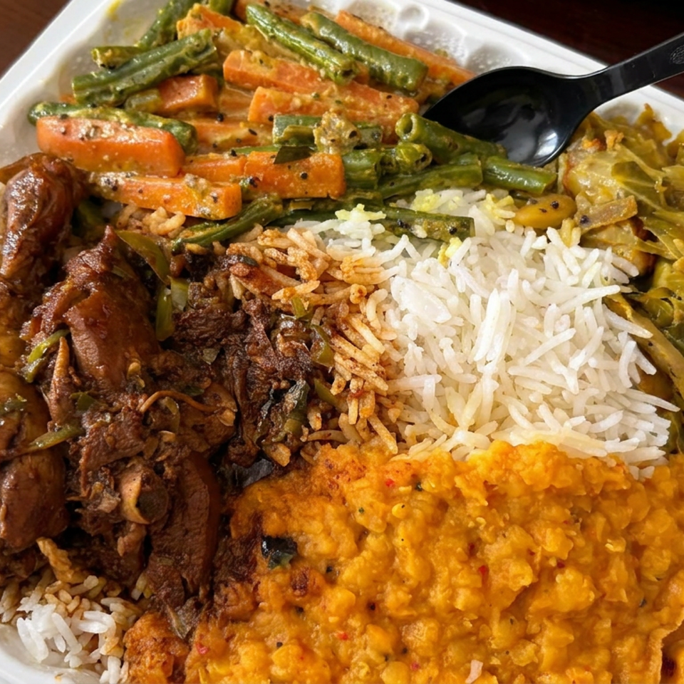 Takeout tray filled with rice, braised meat, lentils, sautéed vegetables, and green beans with carrots.