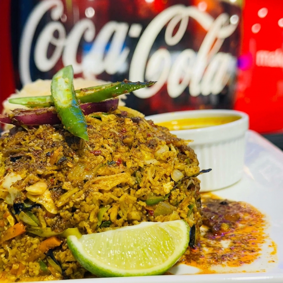 Spiced vegetable biryani topped with cucumber and lime, served with dipping sauce on a white plate.