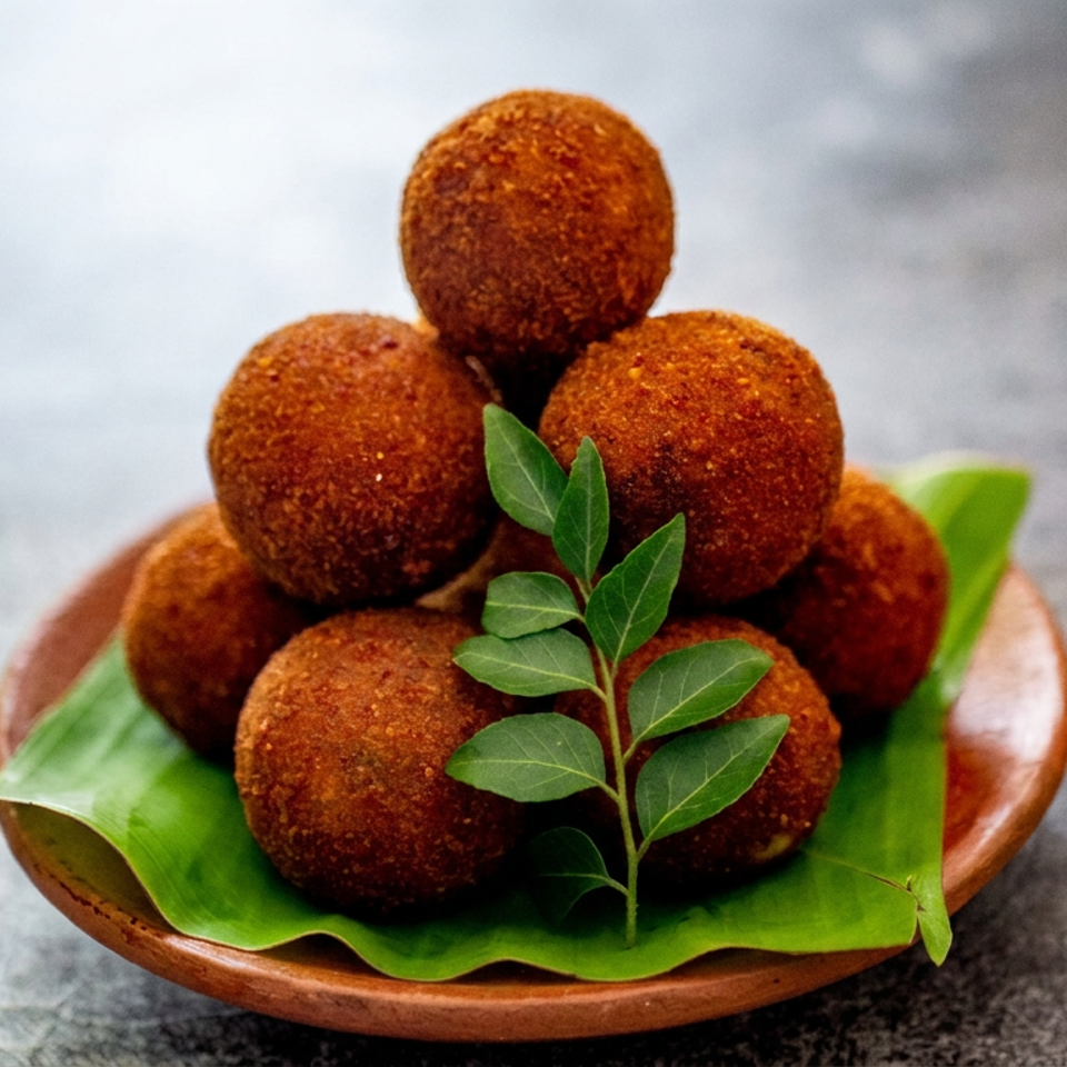 Golden-brown fried snack balls stacked on a banana leaf in a wooden bowl, garnished with fresh green leaves.